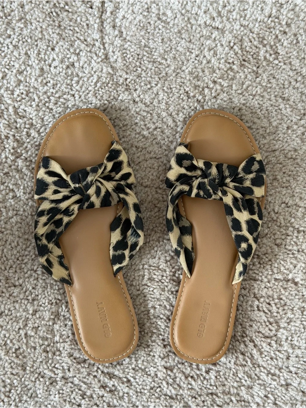 Leopard Bow Slide Sandals — well worn